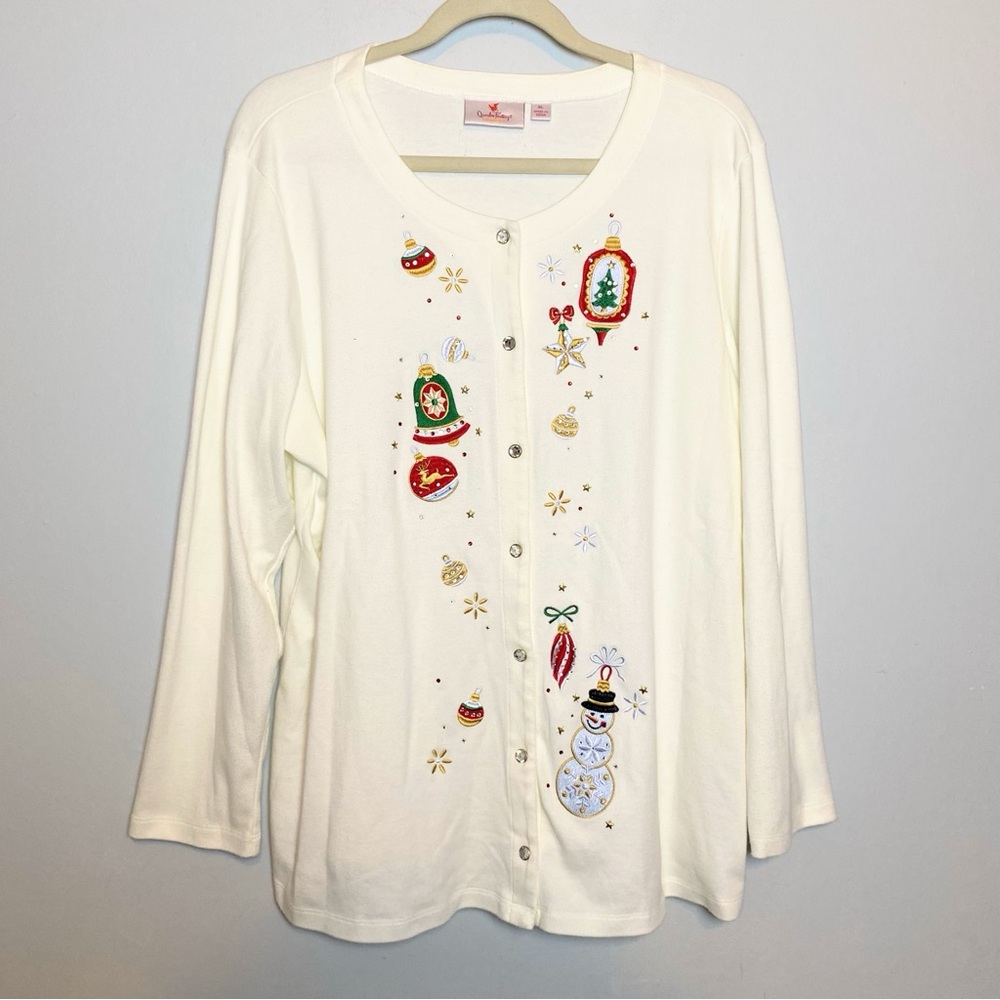 Quacker Factory Holiday Sparkle Snap Front Knit Cardigan -Ivory Sz XL